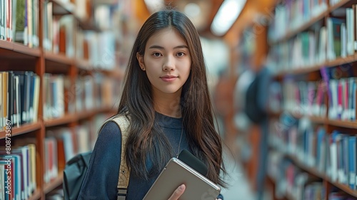 A long-haired Asian female student is standing in the centre of the library. He is enrolled at a nationally renowned school and carries a labtop. photo