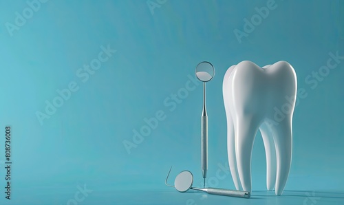 A dental scene unfolds against a blue backdrop  featuring a variety of tooth and dental instruments. From mirrors to hooks  tweezers  and syringes.
