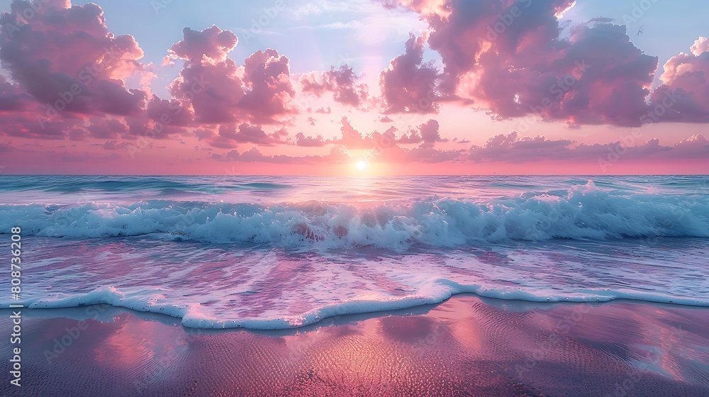 A panoramic view of a sunset beach where the sea turns into a canvas of blush and white hues, with gentle waves reflecting the fading pink sunlight, offering a moment of calm and beauty.