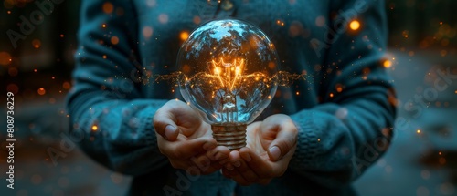 Businessman holding light bulb for starting new idea to invest environment reduce CO2, ESG environmental, innovation, sustainability, and carbon neutrality. photo