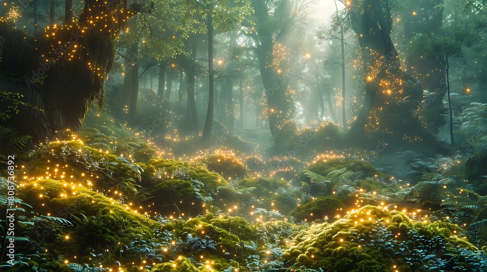 Obraz premium A fantasy-inspired moss garden, with a misty atmosphere and fantastical elements like tiny glowing creatures among the moss.