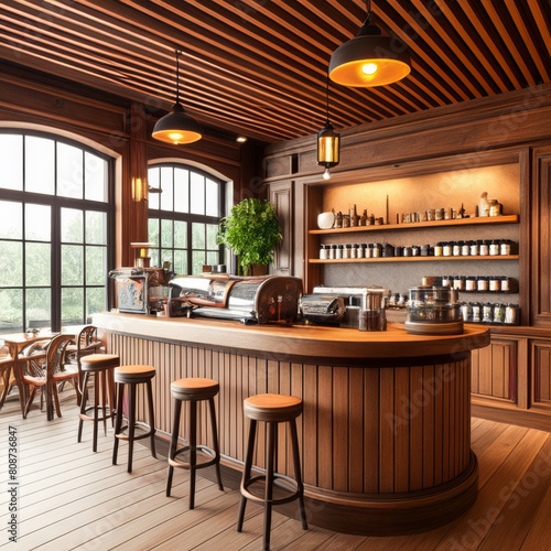 Interior of a coffee shop with wooden walls and a bar counter with stools. 3d rendering