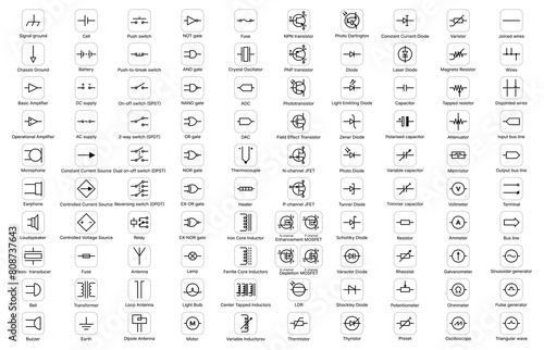 Electric and electronic circuit symbols of elements and components, vector icons. Electrical circuit schematic symbols of diode and switch, connection gate or processor resistor and semiconductor sign