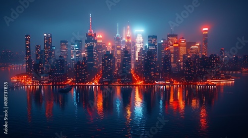 A futuristic cityscape at night  lit by the glow of amber lights that streak across the dark buildings  reflecting off glass and water to create a vibrant  energetic urban environment.