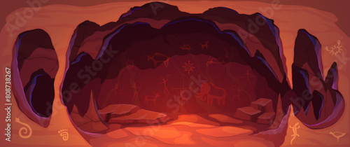 Cave painting. Vector dark cavern with dim red glow and wall, adorned with ancient prehistoric drawing depicting scenes of hunting, rituals, and daily life of lost civilization. Caveman art background photo