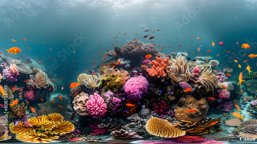 A photo featuring a vibrant coral reef teeming with marine life. Highlighting the colorful fish and intricate coral formations  while surrounded by crystal-clear waters