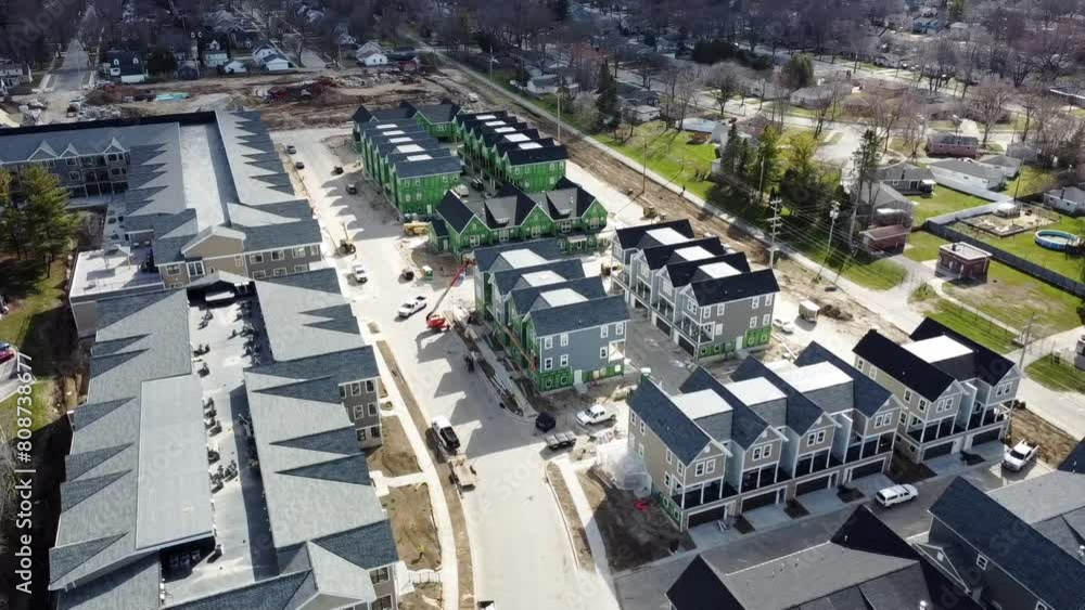 New Housing Development Project In Cedarburg Wisconsin; Aerial View Of Apartments, Townhomes, And Single Family Residences In The Final Phases Of Construction. New Housing Development Project In Cedarburg Wisconsin; Aerial View Of Apartments, Townhomes, And Single Family Residences In The Final Phases Of Construction.