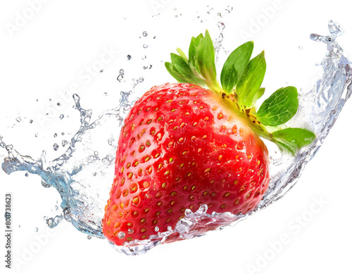 Frische Erdbeere mit wasser Splash isoliert auf weißen Hintergrund, Freisteller 