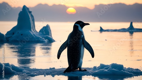 A plucked penguin stands on the last melting ice floe
