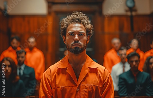In front of the judge and jury is a portrait of the accused, a dejected male criminal wearing an orange jumpsuit.