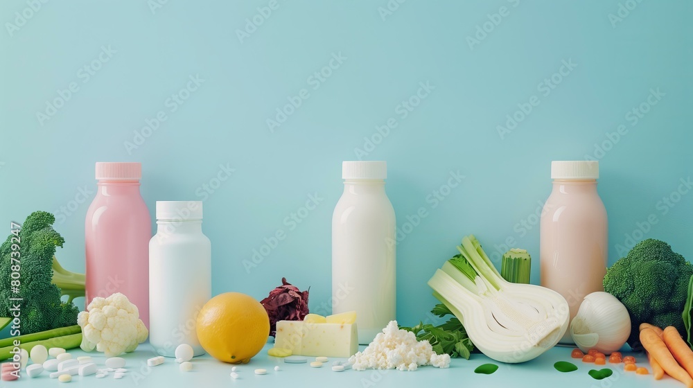 modern image contrasting bottles of probiotic supplements with natural food sources of probiotics, such as yogurt and fermented vegetables, emphasizing the choices available for enhancing gut flora modern image contrasting bottles of probiotic supplements with natural food sources of probiotics, such as yogurt and fermented vegetables, emphasizing the choices available for enhancing gut flora