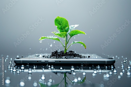 a plant growing in a clear smart phone with droplets of water isolated On White Background 