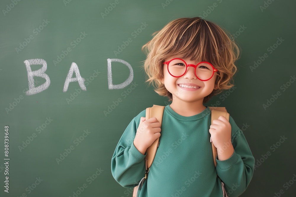 happy boy standing against the chalkboard