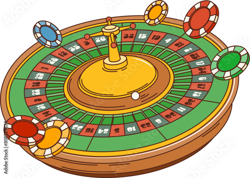 Cartoon retro groovy casino fortune wheel with chips, vector comic style art. Groovy casino roulette or wheel of fortune with poker chips for gamble game jackpot in 70s hippie retro cartoon graphic