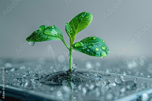 a plant growing in a clear smart phone with droplets of water isolated On White Background 