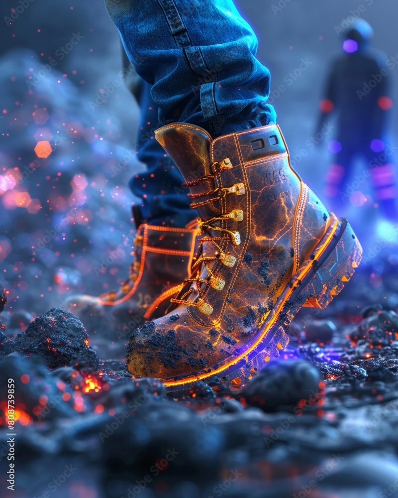 Steel toed boots, Construction equipment conception, futuristic background Steel toed boots, Construction equipment conception, futuristic background