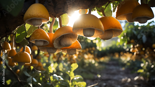 Agaricus mushrooms in a bright, sunny citrus orchard, with ripe oranges and lemons hanging from the trees. photo