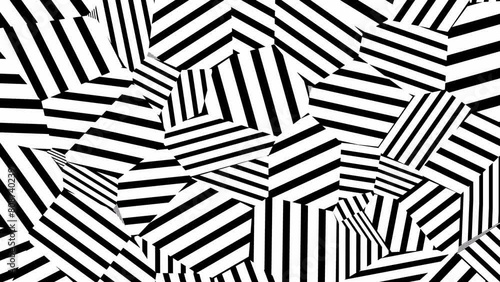 Black and white  lines. Abstract hypnotic animated background.Seamless loop video.Striped wallpaper.Animation of movement of chaotic stripes and straight segments.  photo