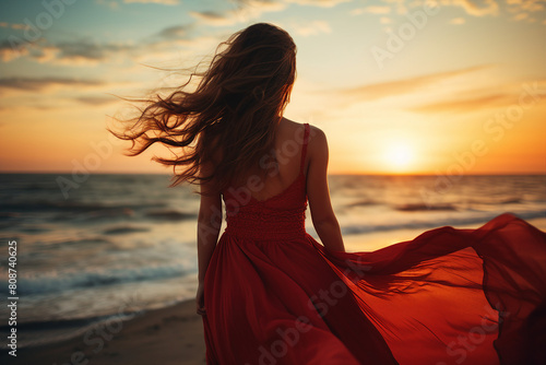AI generated image of beautiful woman wearing long fluttering dress walking evening sunset