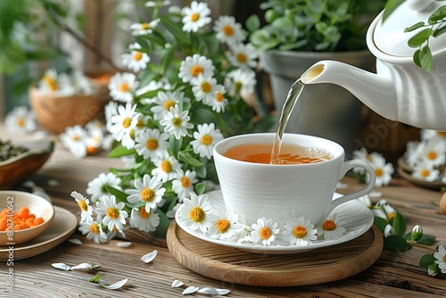 Serene Chamomile Tea Pouring into White Cup on Rustic Wooden Table photo