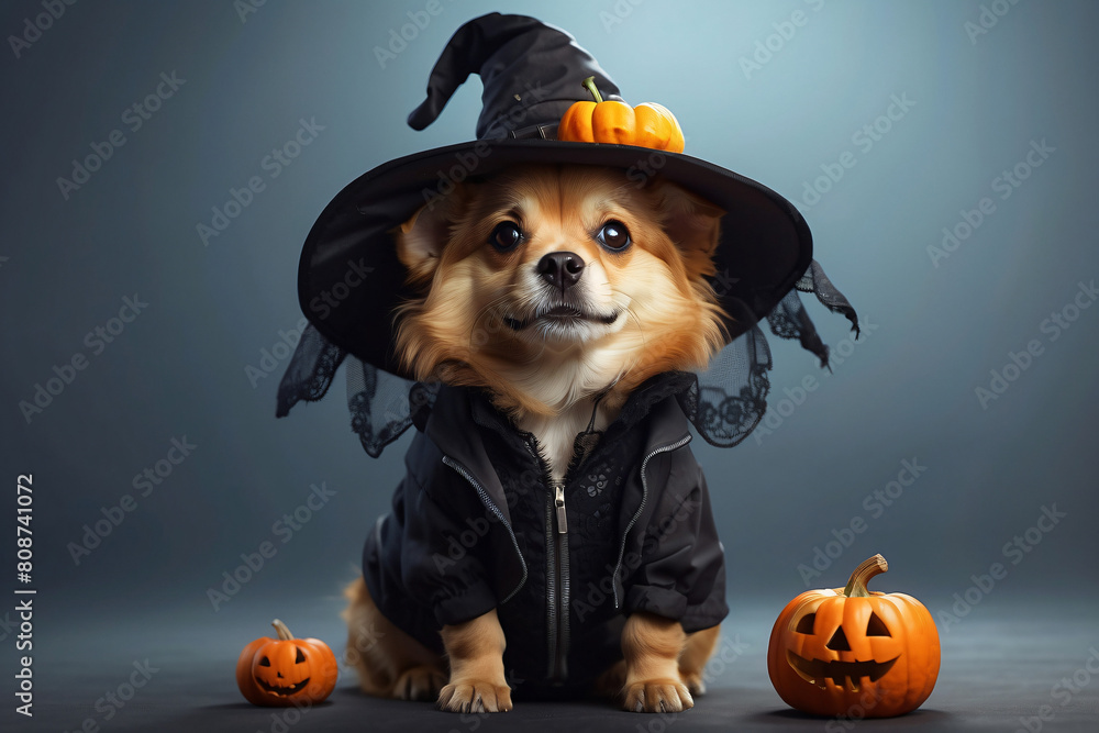 Fototapeta premium A small dog is wearing a black and orange costume