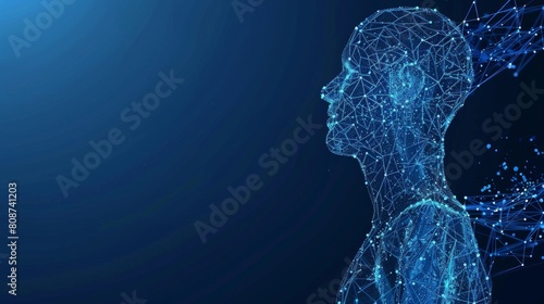 Detailed digital human body. Polygonal wireframe silhouette. Blue low poly anatomy background. Detailed 3D modern illustration of thin lines and dots. photo