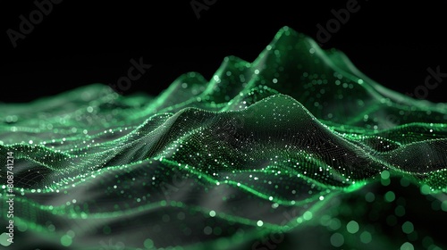 3d rendering of abstract green particles flow on black background with depth of field