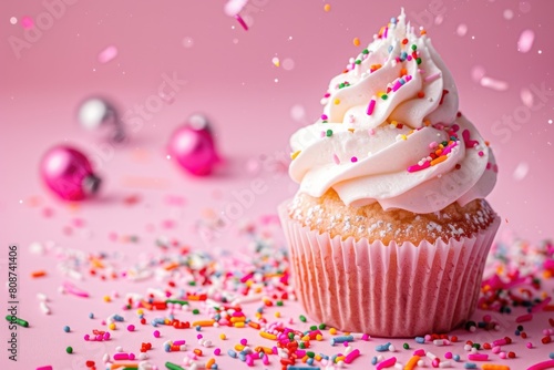 Birthday Pink. Homemade Sweet Composition with Cupcake and Sprinkles on Bright Pink Background