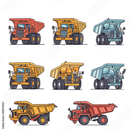 Six different styles mining dump trucks illustrated. Mining industry vehicles featuring various colors designs. Detailed vector illustration heavyduty trucks construction mining