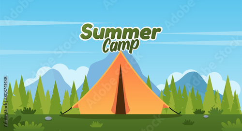 Summer landscape illustration for camping or hiking. sunny day with a tent, mountains, and forest. Suitable for camping event posters, banners and other (ID: 808741438)