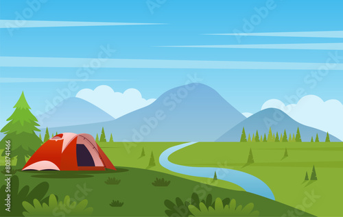 Summer camp flat illustration, with red tent, river, and mountain vector illustration. Suitable for camping event posters, banners and other	 (ID: 808741466)