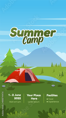 Summer camp poster, with tent, river and mountain vector illustration. include an event information detail below. Suitable for camping event posters, flyers and other	 (ID: 808741476)