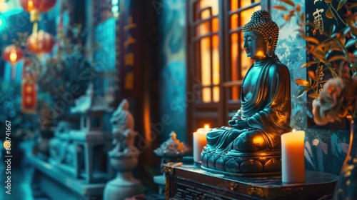China Background. Ancient Chinese House with Blue Buddha Statue in Beautiful Asian Setting