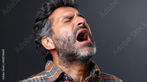 Show a person with hypoglycemia experiencing difficulty swallowing and speaking, their throat dry and constricted as they struggle to articulate photo