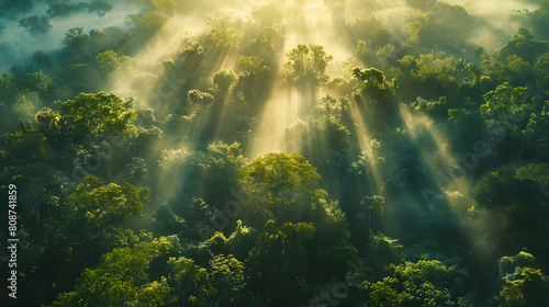 A photo featuring a dense forest canopy shrouded in morning mist. Highlighting the towering trees and lush greenery  while surrounded by a chorus of bird songs