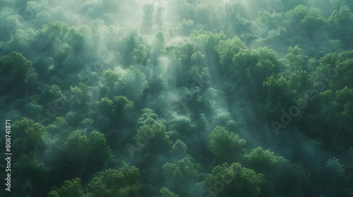 A photo featuring a dense forest canopy shrouded in morning mist. Highlighting the towering trees and lush greenery, while surrounded by a chorus of bird songs