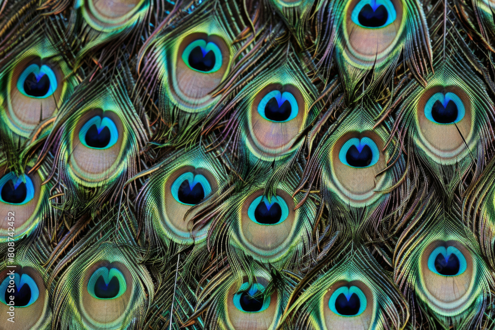 Obraz premium Exquisite and detailed vibrant peacock feather pattern with iridescent colors and intricate details. Perfect for fashion inspiration. Luxury background. And ornithology art