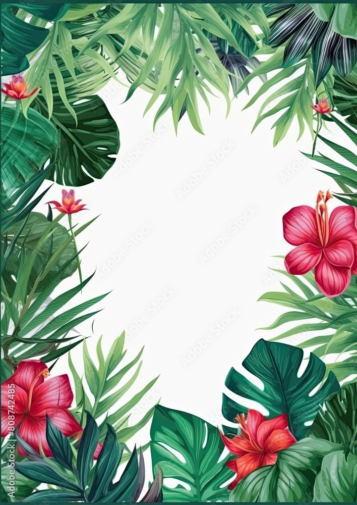 Card border: Tropical Leaves and Flowers in Picture Frame Card border: Tropical Leaves and Flowers in Picture Frame
