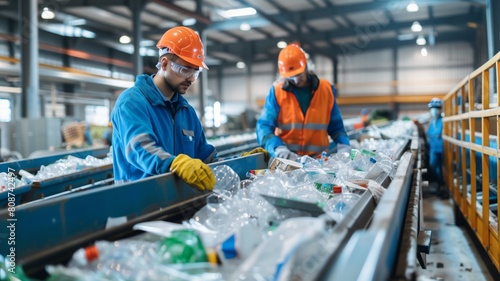 Two workers stand side by side near a conveyor belt, sorting recyclable materials with focus and precision