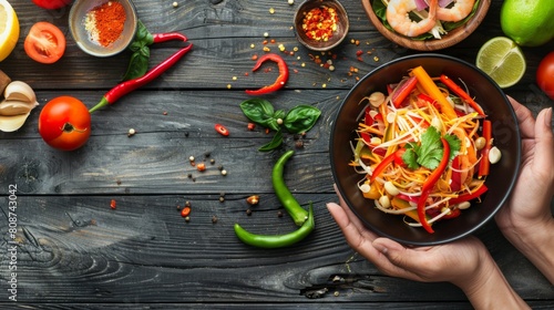 Thai Traditional And Popular Food, Spicy papaya salad (Som Tum) on wooden background
