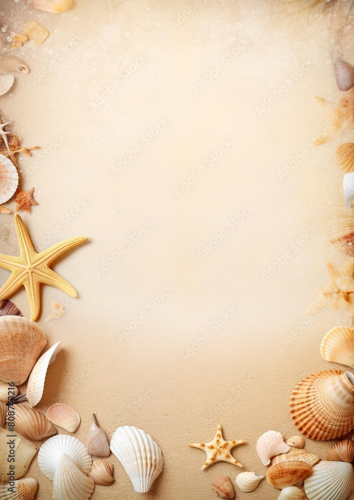 Card border: Seashells and Starfish Frame on Beige Background Card border: Seashells and Starfish Frame on Beige Background