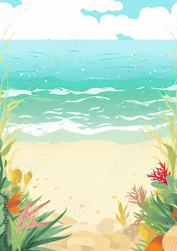 Card border  Beach With Seaweed and Corals