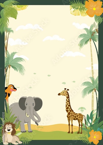 Card border  Picture Frame Featuring Giraffe  Elephant  and Lion