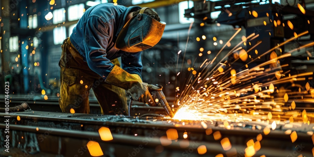 Worker is welding metal in factory Worker is welding metal in factory