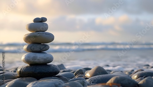Balanced Stone Stack Beach Sunset Seaside
