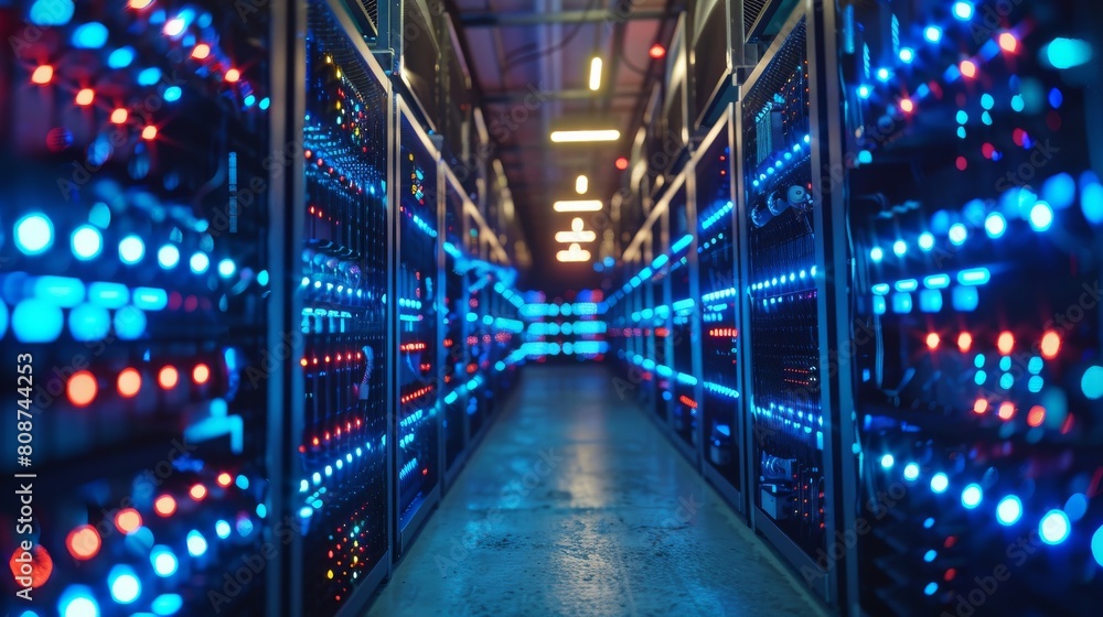 Cryptocurrency mining operation, racks of mining rigs with blue LED lights, industrial setting