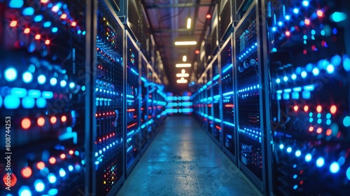 Cryptocurrency mining operation  racks of mining rigs with blue LED lights  industrial setting