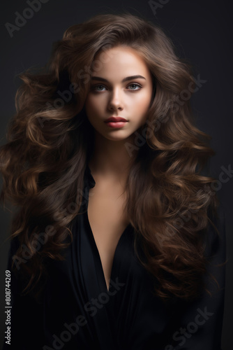 portrait of a young beautiful woman with long curly hair, close-up face, on a dark background, studio beauty photo, style and fashion © soleg