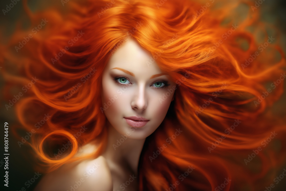 portrait of a young beautiful woman with long red hair, close-up face, on a dark background, studio beauty photo, style and fashion