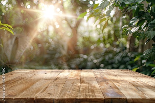 A wooden table beside a window with trees in the background